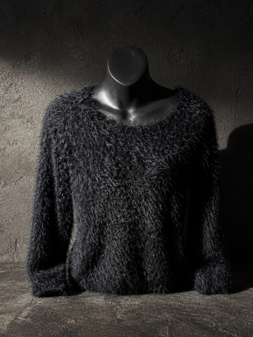 Fuzzy Scoop-Neck Women's Sweater - Black